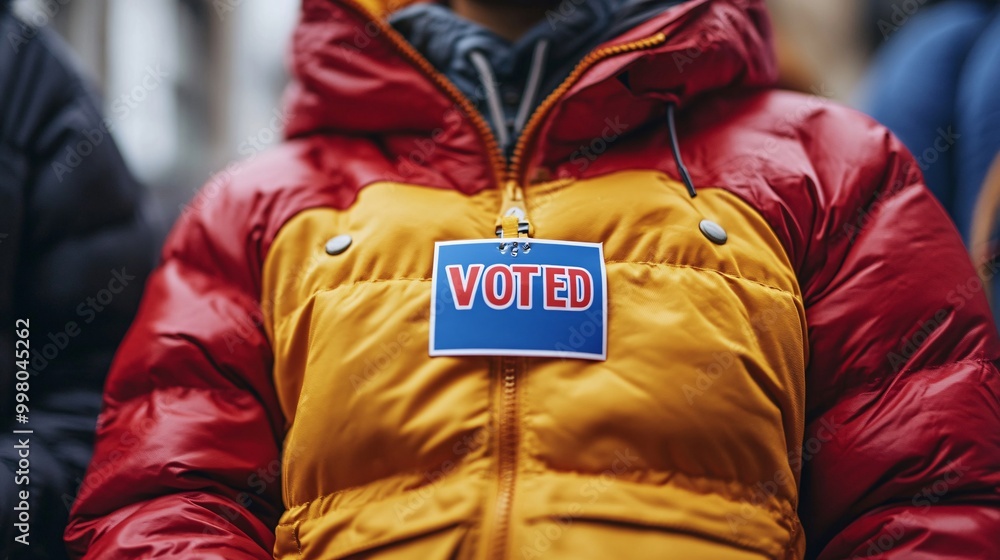 Poster a close-up of an i voted sticker on a jacket representing the pride of participating in democracy an