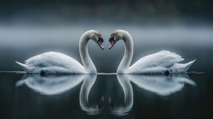 Obraz premium Two white swans with necks intertwined in a heart shape, reflected in a calm lake with a foggy background.