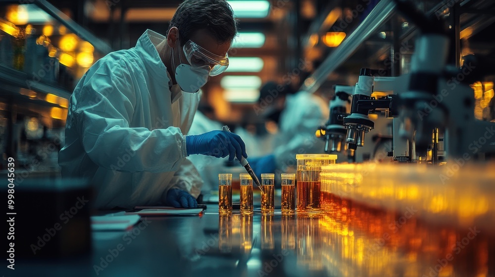 Poster scientist working in a laboratory with test tubes and microscopes