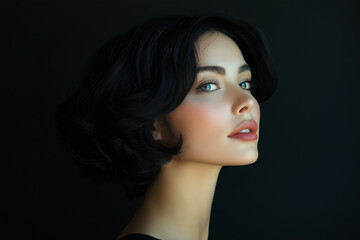 Fototapeta premium Beautiful woman with a vintage hairstyle, wearing a black dress, posing against a dark background and looking at the camera. Portrait of a fashion model with an elegant hairdo and smoky eye makeup.