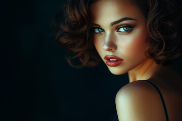 Fototapeta premium Beautiful woman with a vintage hairstyle, wearing a black dress, posing against a dark background and looking at the camera. Portrait of a fashion model with an elegant hairdo and smoky eye makeup.
