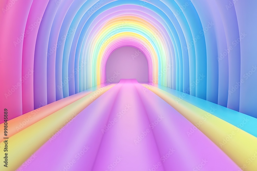 Poster surreal digital rainbow tunnel with pastel tones and soft gradients creating a dreamlike futuristic 