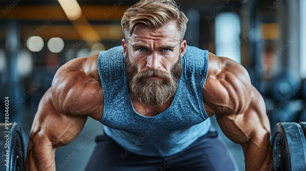 Poster A fitness enthusiast lifting weights in a modern gym with intense focus representing dedication to strength training and physical fitness Large space for text in center Stock Photo with copy space