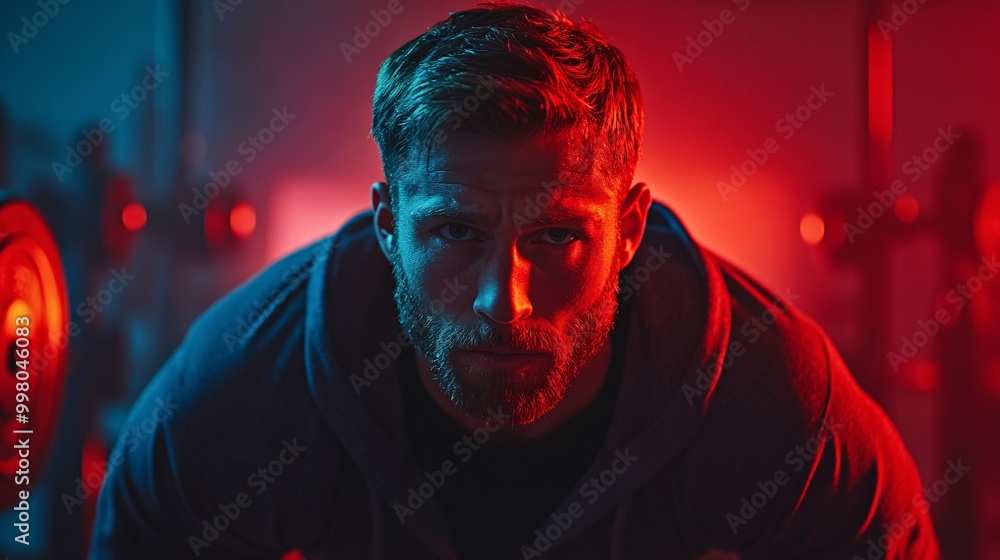 Poster A fitness enthusiast lifting weights in a modern gym with intense focus representing dedication to strength training and physical fitness Large space for text in center Stock Photo with copy space