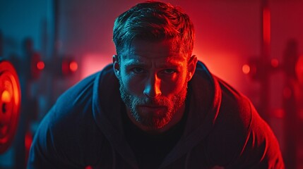 A fitness enthusiast lifting weights in a modern gym with intense focus representing dedication to strength training and physical fitness Large space for text in center Stock Photo with copy space