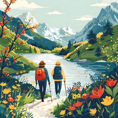 a couple are hiking in the mountains, vector