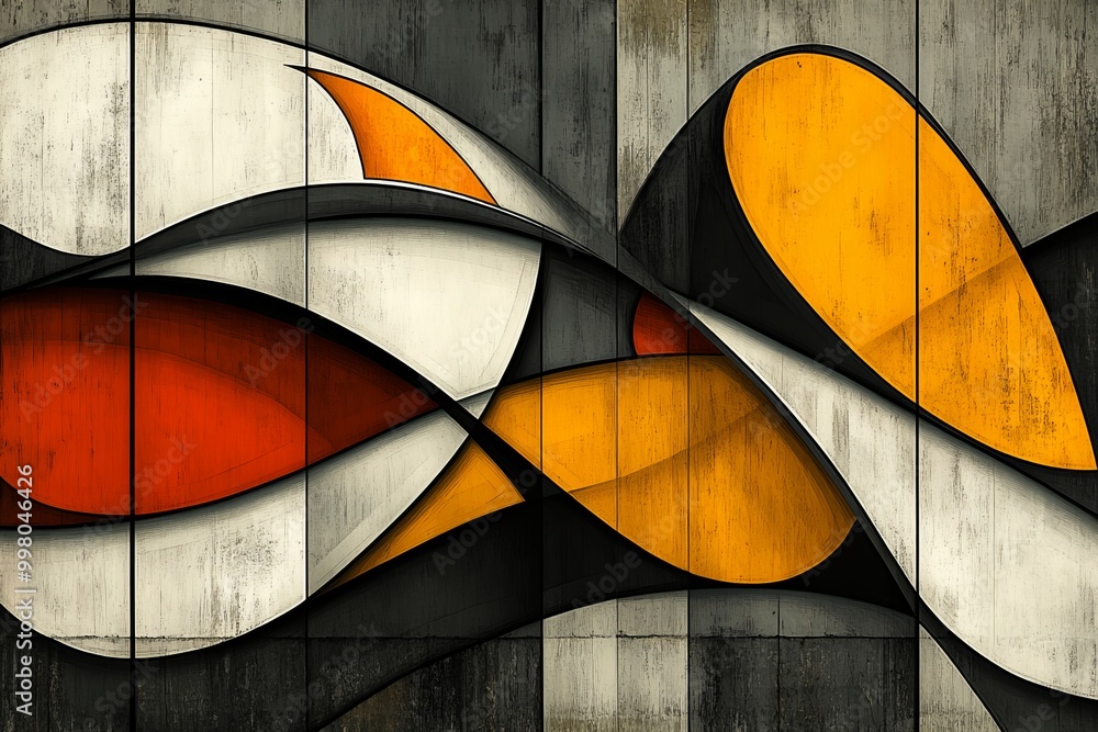 Poster abstract composition of curved intersecting orange white and black shapes forming a dynamic modern a