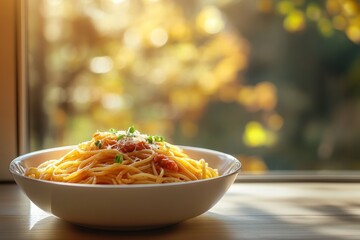 A bowl of spaghetti with tomato sauce and parmesan cheese sits on a wooden table in front of a window with an autumnal view.