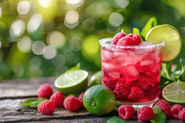 Raspberry Margarita with raspberries and lime, served in a highball glass, garden party background