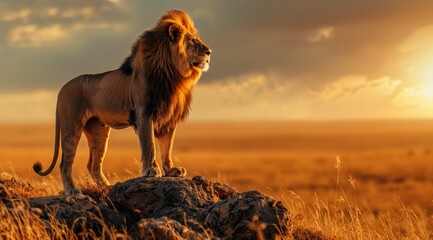 Naklejka premium Lion Watching the Sunrise on African Plains