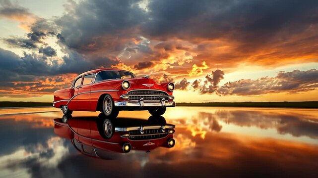 A classic red car sits on a wet road at sunset, reflecting the warm colors of the sky
