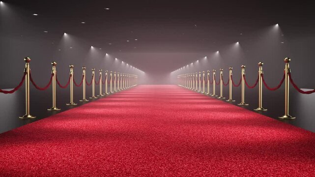 Camera is moving trough the spotlit red carpet decorated with velvet ropes