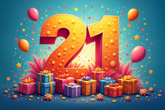 21st birthday card. Large, bold number 21 with confetti and colorful gift boxes around it, suggesting a celebration or milestone. - Powered by Adobe