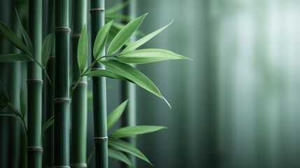 Lush green bamboo stalks with leaves in a blurred background forest setting.