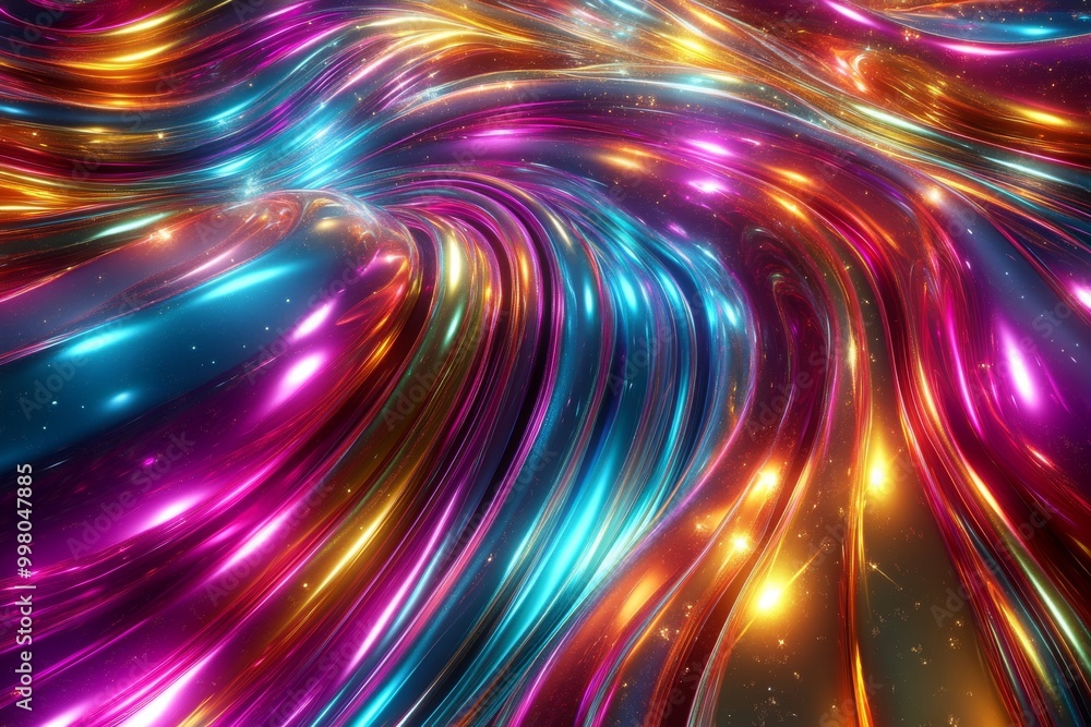 Poster psychedelic swirling wave of colorful lights with starry effects representing the energy and motion 