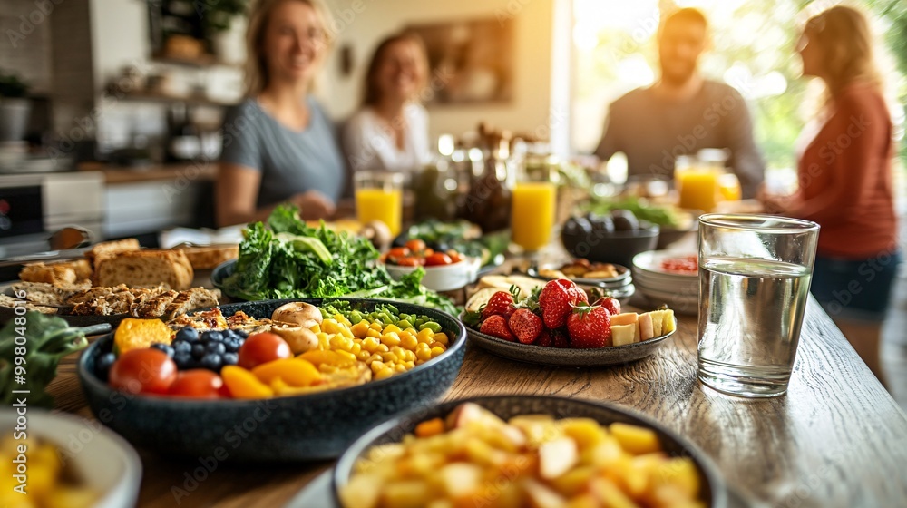 Poster A family enjoying a healthy breakfast together at home with colorful fruits and vegetables on the table symbolizing shared meals and the importance of nutrition Large space for text in center Stock
