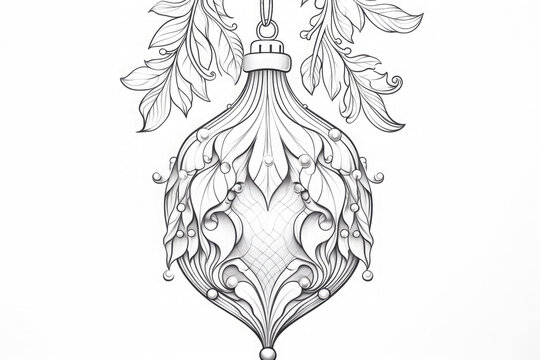 Intricate illustration of a christmas ball hanging from a fir tree branch, designed as a coloring page for adults and children
