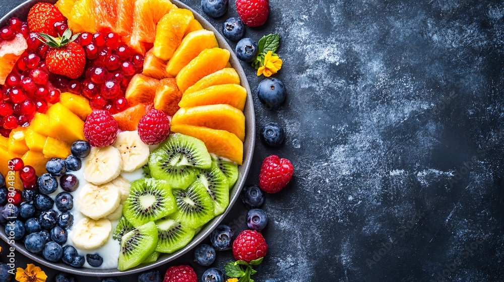 Poster a close-up of a colorful fruit bowl with fresh berries nuts and yogurt representing a balanced nutri