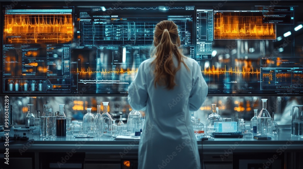 Poster scientist analyzing data in a modern laboratory