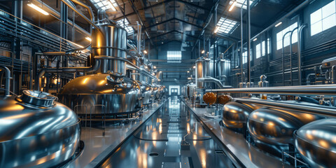 A brewery with giant stainless steel vats and pipes, automated systems controlling the fermentation process