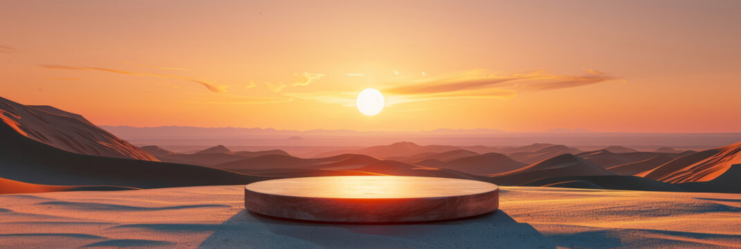 podium stand with a desert sand dune texture, set against a sunset backdrop