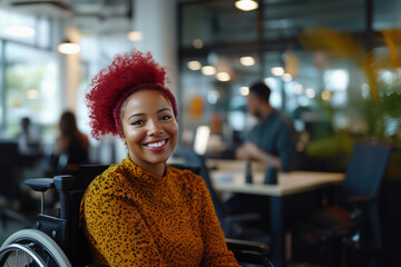 Inclusive Black African American disabled office LGBTQ queer female wheelchair-bound colleague, DEIB positive workplace