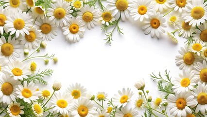 Fototapeta premium Floral boarder chamomile wildflowers frame with white copy space background in realistic aerial style