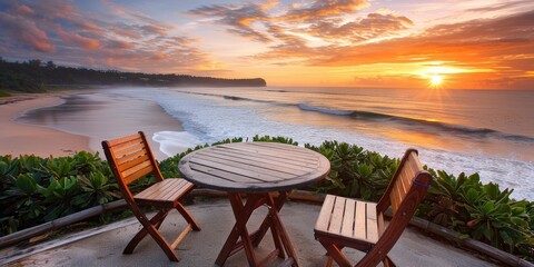 Fototapeta premium Wooden Patio Set Overlooking Sunset Beach