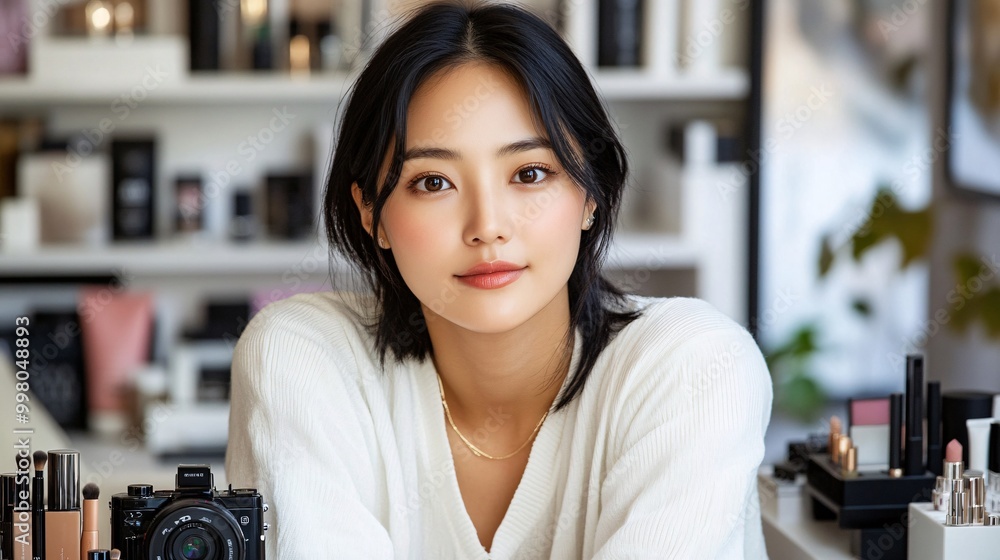 Aufkleber A young Asian beauty influencer sitting in a well-lit room surrounded by cosmetics and makeup tools with a camera set up in front of her creating content and tutorials Large space for text in center