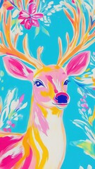 Obraz premium A vibrant, colorful depiction of a deer with elaborate antlers, surrounded by floral patterns on a bright blue background.