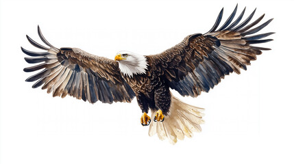 Fototapeta premium A watercolor painting of an American bald eagle in flight spread wings on white background.