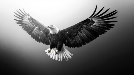 Fototapeta premium A black and white watercolor painting of an American bald eagle in flight spread wings on white background.