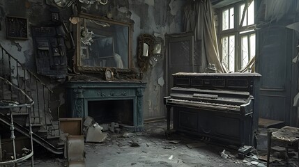 old piano in the ruins of a living room of an old house