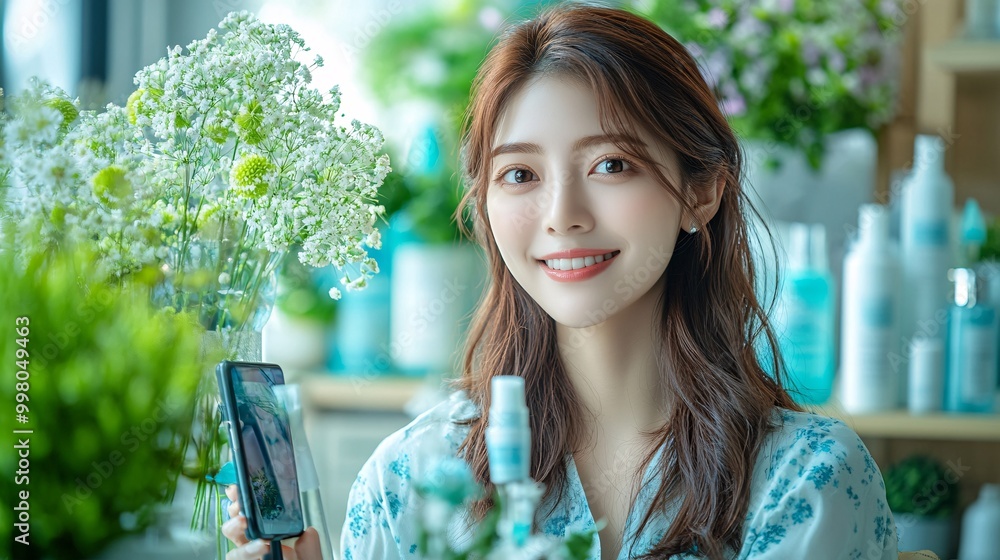Aufkleber an asian content creator showcasing her morning skincare routine using serums and moisturizers while