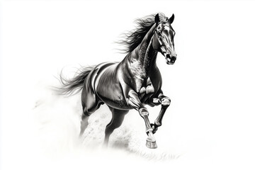 Fototapeta premium A dynamic black-and-white illustration of a powerful horse in full gallop, kicking up dust behind it