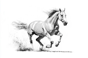 A dynamic black-and-white illustration of a powerful horse in full gallop, kicking up dust behind it