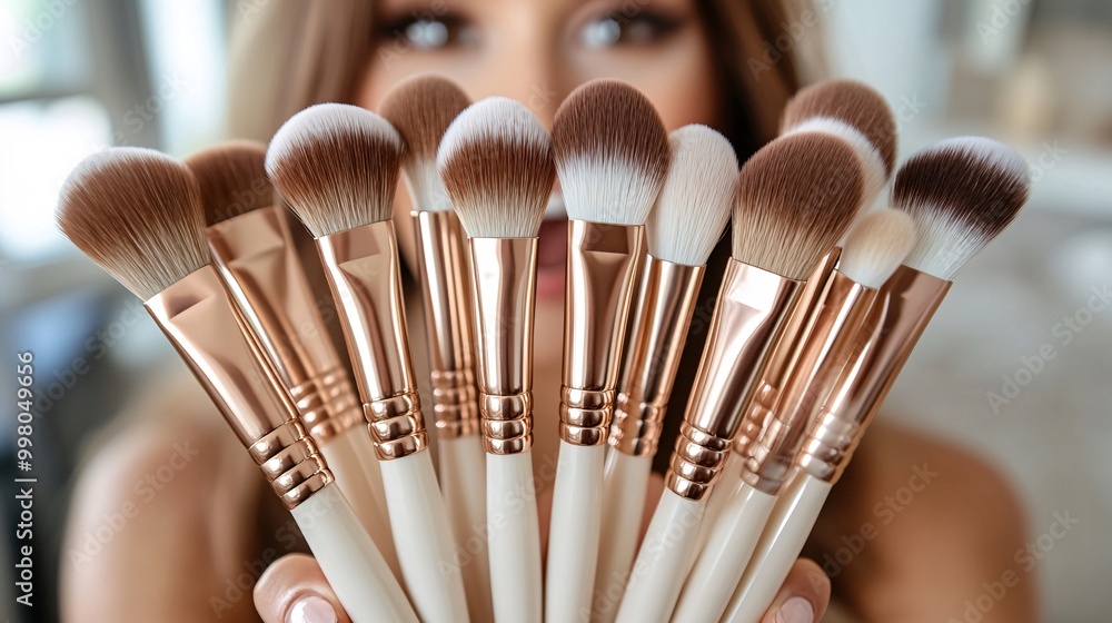 Poster A beauty influencer unboxing a new set of makeup brushes with excitement while recording a review video in a stylish home setting emphasizing authenticity and engagement Large space for text in