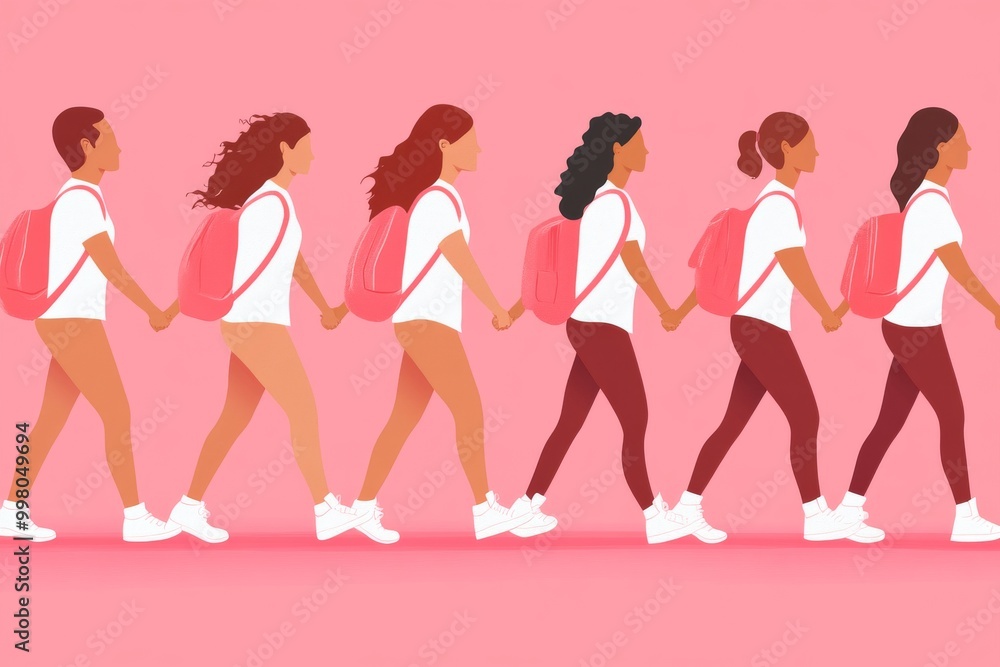 Poster repetitive flat design of women walking in rows with pink and brown tones representing social connec