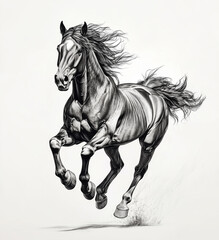 A dynamic black-and-white illustration of a powerful horse in full gallop, kicking up dust behind it