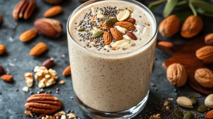 assorted nuts and seeds sprinkled near a glass of protein-packed smoothie, showcasing a healthy and nourishing drink idea