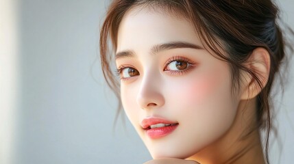 Fototapeta premium An Asian beauty influencer taking a close-up shot of her flawless skin using a ring light setup in a modern minimalist home emphasizing skincare and natural beauty Large space for text in center