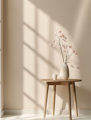 A simple, elegant table with a vase of pink flowers in a light and airy room.  The  soft sunlight  streaming through the window adds a warm glow to the scene.