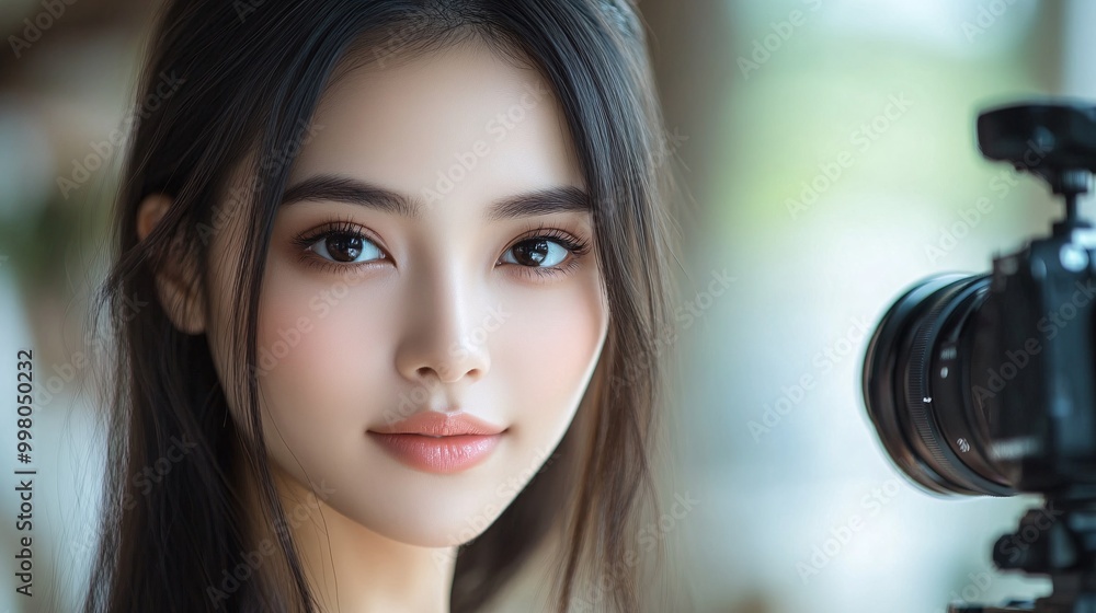 Poster an asian beauty vlogger leaning towards the camera to show detailed application techniques during a 