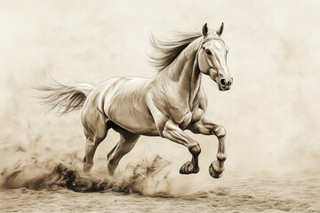 Obraz premium A dynamic black-and-white illustration of a powerful horse in full gallop, kicking up dust behind it