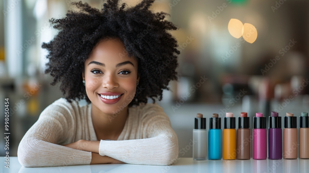 Poster a beauty influencer smiling confidently while posing with various shades of lipsticks neatly display