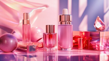 Glamorous, beauty-centric scene with popular skincare and makeup products in pink colors. Cream, lotion, serum, lipstick, parfume bottle with trendy background. Wallpaper, banner, poster, sales coupon