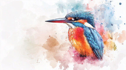 A vibrant watercolor painting of a kingfisher, featuring rich shades of blue, orange, and red.