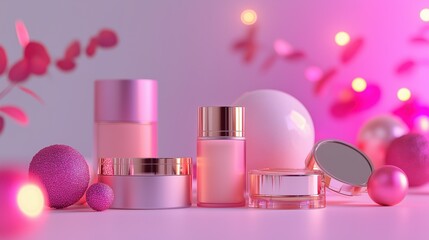 Glamorous, beauty-centric scene with popular skincare and makeup products in pink colors. Cream, lotion, serum, lipstick, parfume bottle with trendy background. Wallpaper, banner, poster, sales coupon