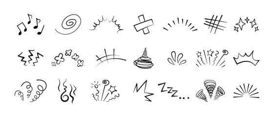 Manga or anime comic emoticon element graphic effects hand drawn doodle vector illustration set isolated on white background. Line style manga doodle line expression scribble anime mark collection.