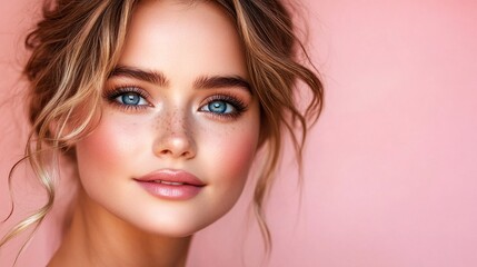 Naklejka premium A young beauty vlogger explaining the benefits of using natural skincare products with her face glowing under the soft light of a ring light setup Large space for text in center Stock Photo with copy